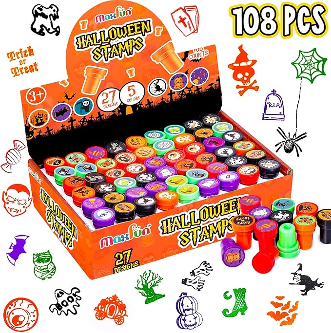 Max Fun 108Pcs Halloween Assorted Stamps ( 27 Designs, 5 Colors Trick or Treat Stamps ) for Kids Halloween Party Favors Supplies, Goodies Bags, Classroom Game Reward Prizes (Halloween Stamper)