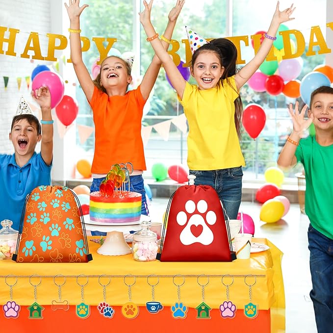 Talltalk 48 Pcs Paw Dog Party Supply Puppy Dog Party Favor Set 16 Paw Print Drawstring Bags Gift Goodie Bags 16 Paw Wristband Rubber Bracelet 16 Patrol Keychain for Puppy Birthday Party Favor Boy Girl
