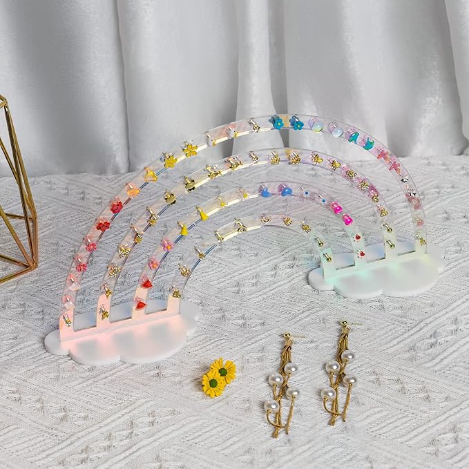 NiHome Iridescent Earrings Holder 74 Holes Display Rainbow Iridescent Ear Studs Jewelry Show Rack Stand Organizer Holder Plastic Clear Acrylic Earring Rack Holder Organizer for Girl Women