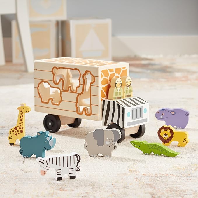 Melissa & Doug Animal Rescue Shape-Sorting Truck - Wooden Toy With 7 Animals and 2 Play Figures -Vehicle Toys For Toddlers