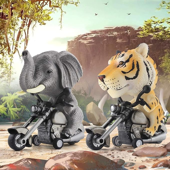 DINOBROS Tiger and Elephant Toys for Kids Toddlers 3-7 Years Old 2 Pack Friction Animal Motorcycle Car Toys for Boys and Girls