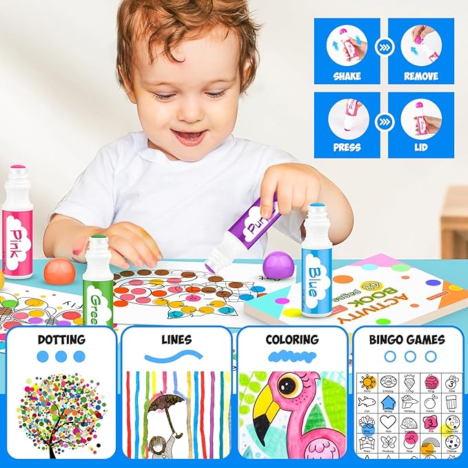Soucolor 48-Pack 12 Colors Washable Bingo Paint Daubers Markers for Toddlers Kids Preschool, Dot Markers Set with 4- Pack Tearable Activity Books for Toddler Arts and Crafts Kits Supplies