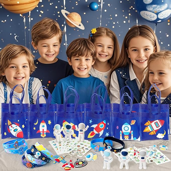 Outer Space Party Favors Birthday Supplies, Space Themed Non-Woven Gift Bag Astronaut Eraser Silicone Bracelet Keychain Luminous Tattoo Stickers Galaxy Space Goodie Bags for Kids Party Decoration