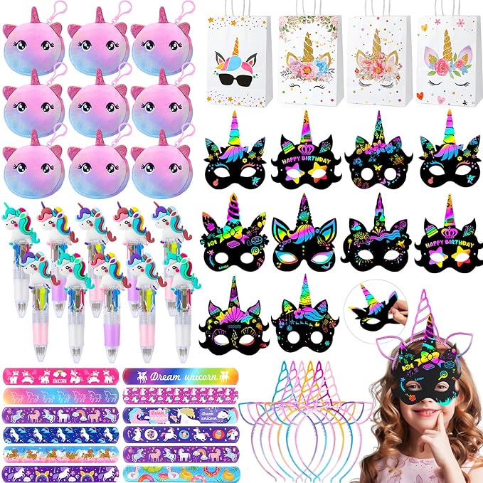 Unicorn Party Favors Birthday Supplies, Unicorn Goodie Bags Coin Purse Ballpoint Pen Scratch Mask Headband Slap Bracelet, Unicorn Birthday Party Favors Classroom Rewards Gift Decorations for Girl