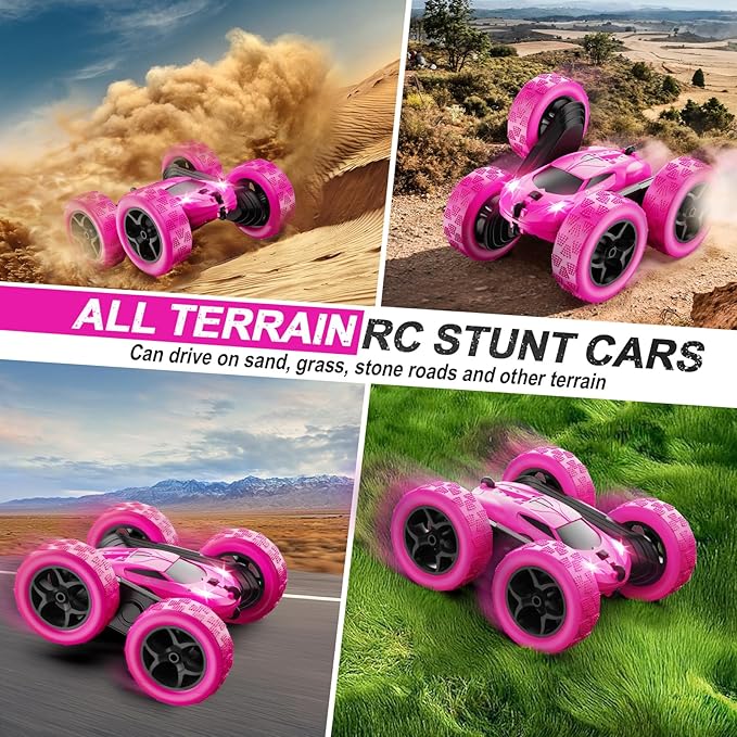 RC Cars, Rose Remote Control Car for Girls, 2.4 GHZ Double Sided RC Stunt Car 360° Rotating Remote Control Crawler with Headlights Car Toys for 6 7 8 9 10 11 12 Girls Birthday