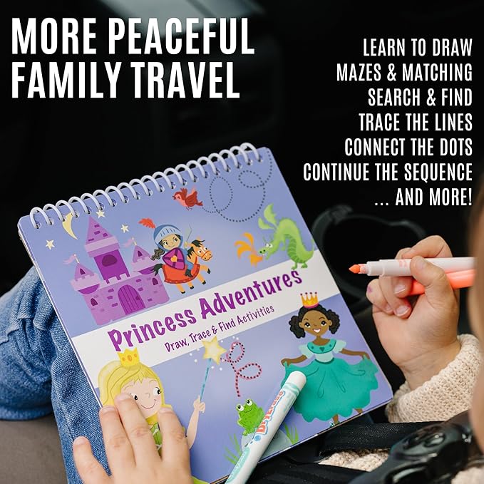 Kids Small Size Travel Educational Activity Book with Washable Markers (7"x7") - Car and Airplane Activities, Learning Toys for Toddlers - Search and Find, Reusable Stickers for Ages 4, 5, 6 (Space)