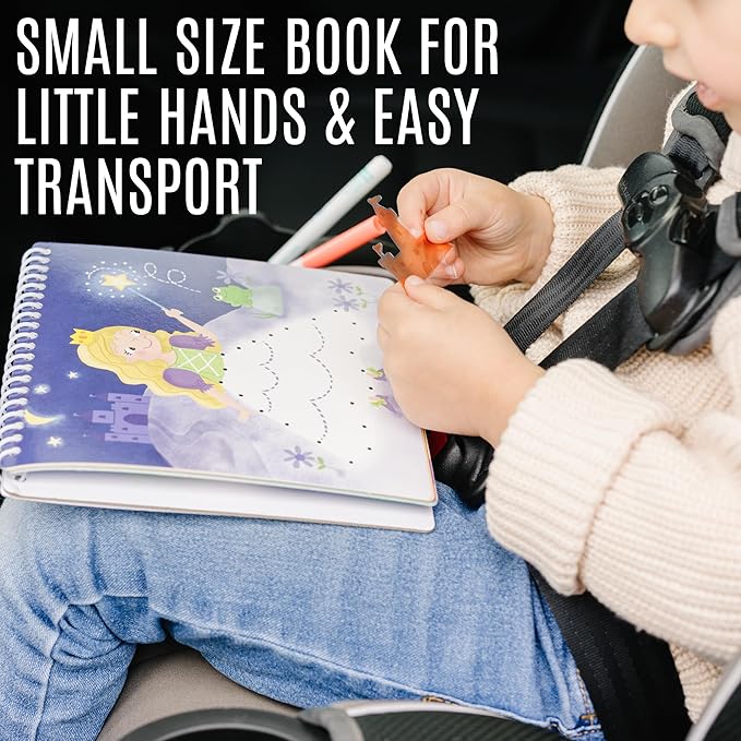 Kids Travel Educational Activity Book with Washable Markers - Car and Airplane Activities, Learning Toys for Toddlers- Search and Find, Reusable Stickers for Ages 4, 5, 6 (Princess)