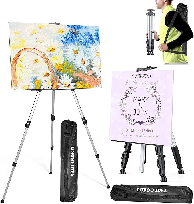 Portable Artist Easel Stand, Art Drawing Easels for Painting Canvas Wedding Signs & Display,Adjustable Height Painting Easel with Bag, Height from 17" to 60" (2 Pack,Silver)