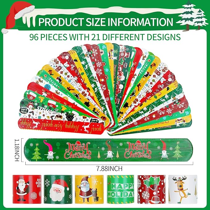 96 PCS Christmas Party Favors for Kids Bulk,Treats Bags Slap Bracelets Holiday Slap Bracelet Trinkets for kids School Classroom Students ,Goody Goodies Bag Stocking Stuffers Gifts Toys Xmas Gift