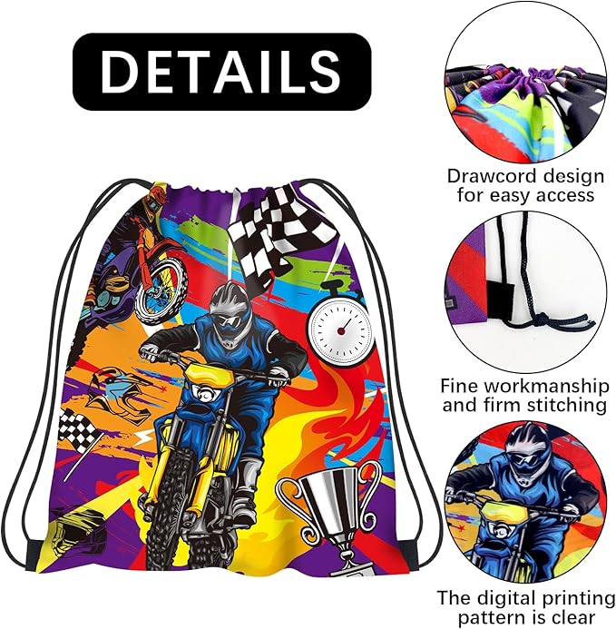 Dirt Bike Party Favor Supplies, Including Motorcycle Theme Boy Motocross Bags Drawstring Goodie Treat Bags Wristbands Badge, for Motocross Theme Kids Birthday Party Gift