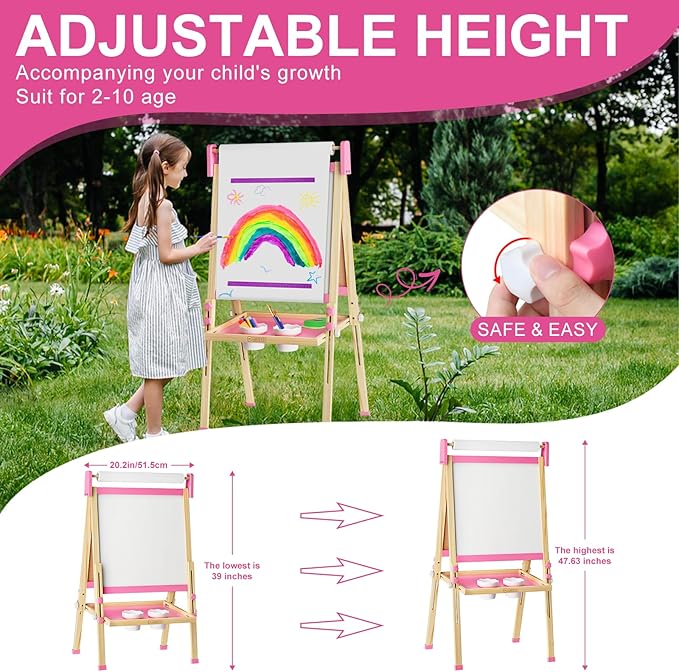 Easel for Kids,Adjustable Wooden Toddler Art Easels, Girls Toys for Ages 5-7,8-13,2-4, Magnetic White Board and Chalk Board with Art Supplies, 2 3 4 5 6 7 8 9 10 Year Old Girl Birthday Gift