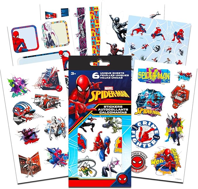 Marvel Spiderman Sticker Pack for Boys, Kids - Spiderman Party Favors Bundle with 6 Spiderman Sticker Sheets for Kids Birthday Party Goodie Bags, Crafts, More | Spiderman Party Supplies Set