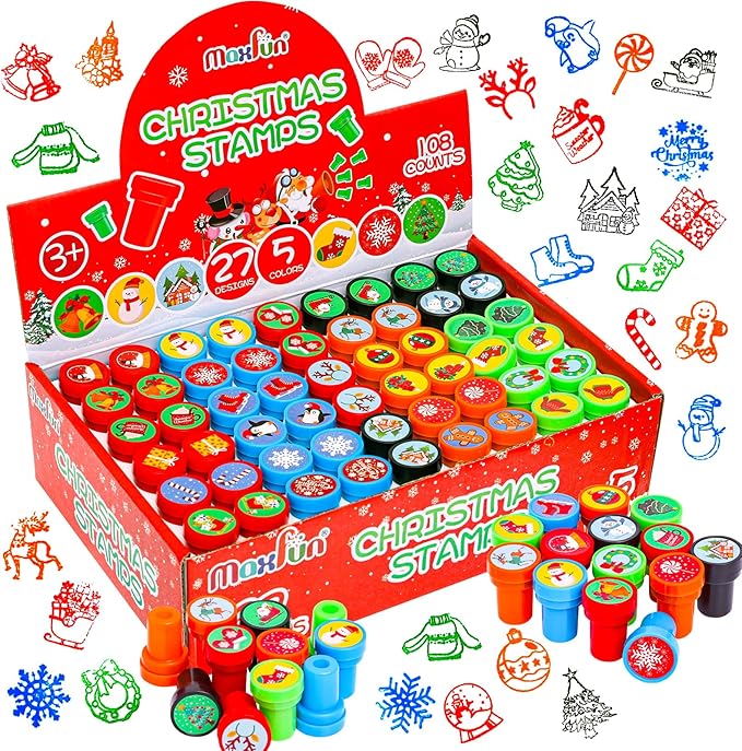 Max Fun 108Pcs Christmas Assorted Stamps for Kids Christmas Party Favors Supplies Christmas Goodies Bags Stuffers Christmas Stocking Stuffers Classroom Game Reward Prizes(Christmas Stamper)