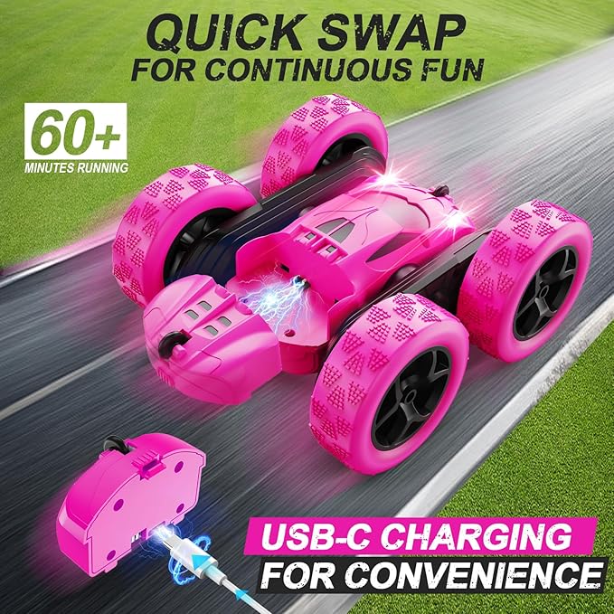 RC Cars, Rose Remote Control Car for Girls, 2.4 GHZ Double Sided RC Stunt Car 360° Rotating Remote Control Crawler with Headlights Car Toys for 6 7 8 9 10 11 12 Girls Birthday