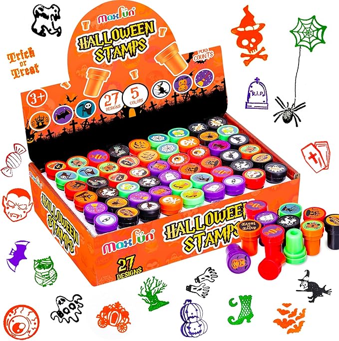 Max Fun 108Pcs Halloween Assorted Stamps ( 27 Designs, 5 Colors Trick or Treat Stamps ) for Kids Halloween Party Favors Supplies, Goodies Bags, Classroom Game Reward Prizes (Halloween Stamper)