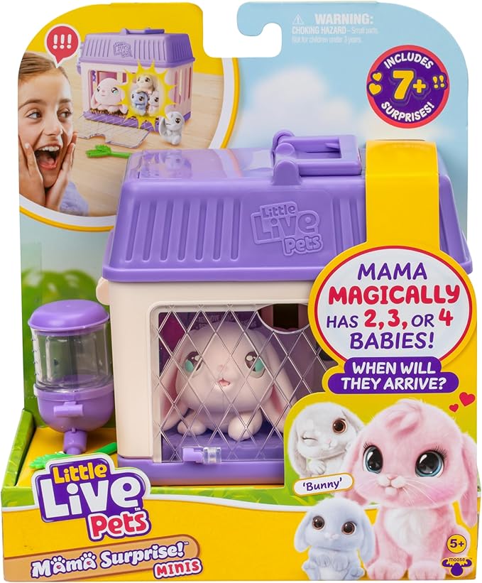 Little Live Pets Mama Surprise Minis Bunny, Care for Your Mama Hamster or Mama Bunny in Their Hutch to Reveal 2, 3, or 4 Mini Babies