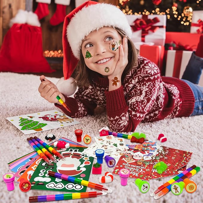 Cinrobiye 72 Pieces Merry Christmas Party Favors Max Holiday Coloring Books Tattoo DIY Sticker Stampers Class Reward Prizes for Christmas Holiday Winter Party Supplies