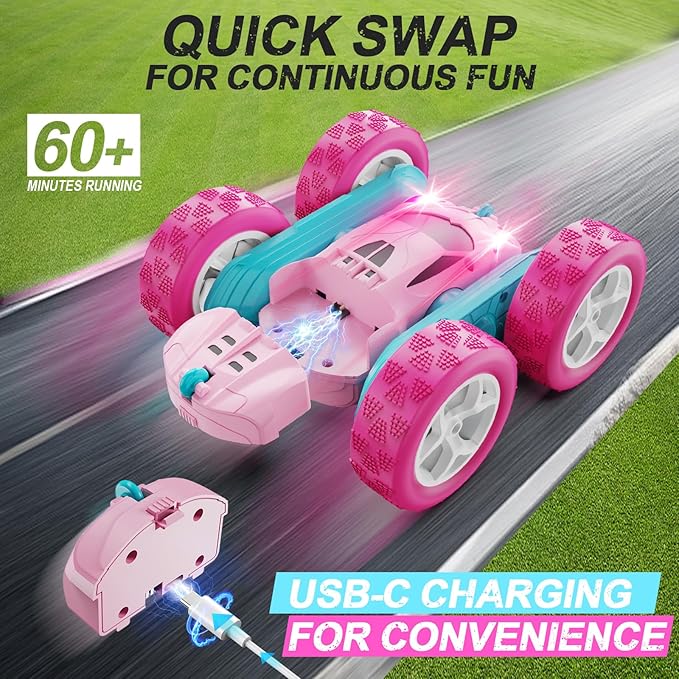 RC Cars, Pink Remote Control Car for Girls, 2.4 GHZ Double Sided RC Stunt Car 360° Rotating Remote Control Crawler with Headlights Car Toys for 6 7 8 9 10 11 12 Girls Birthday