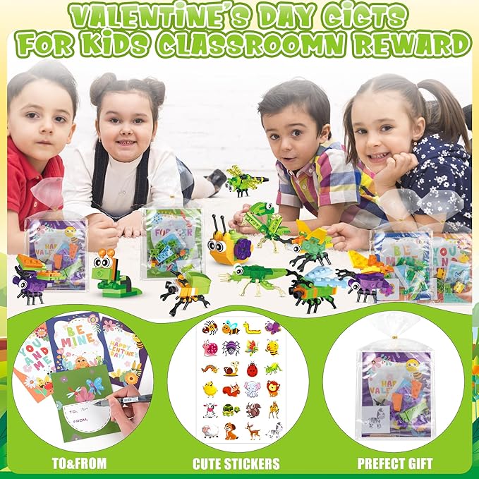 Erweicet Valentines Day Gifts for Kids 24 PCS Insect Building Blocks with Valentines Gift Cards for Kids Boys Girls Classroom Gift Exchange