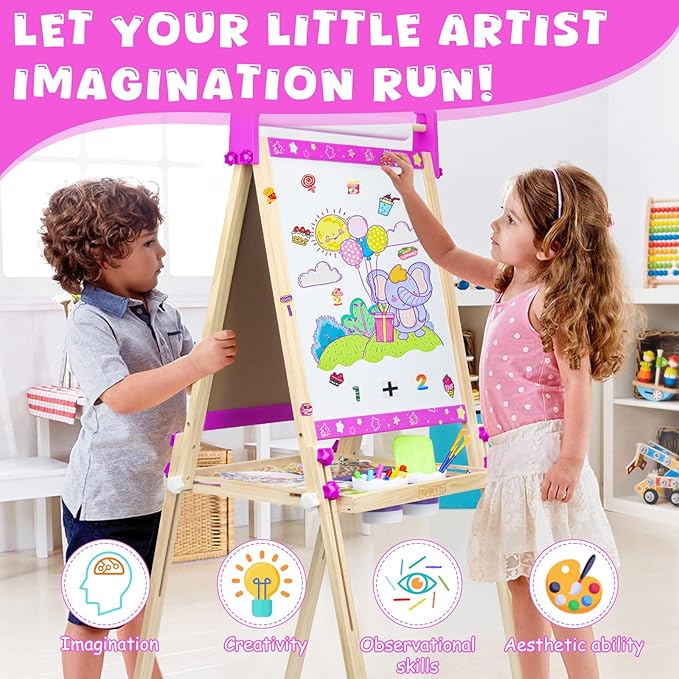 Easel for Kids,Toddler Toys for Ages 5-7,Stand Kids Art Easel White Board Dry Erase,Height Adjustable Double-Sided Magnetic Whiteboard and Chalk Board,4 5 6 Year Old Boys Girls Birthday Gifts