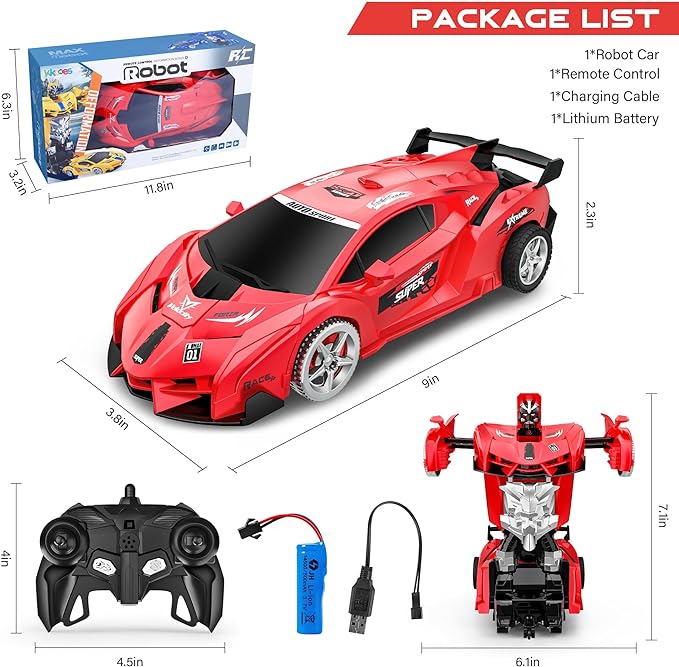 Remote Control Car, Toy for 3-8 Year Old Boys, 360° Rotating RC Deformation Robot Car Toy with LED Light, Transform Robot RC Car Age 3 4 5 6 7 8-12 Years Old for Kids, Boys Girls Birthday Gifts (Red)