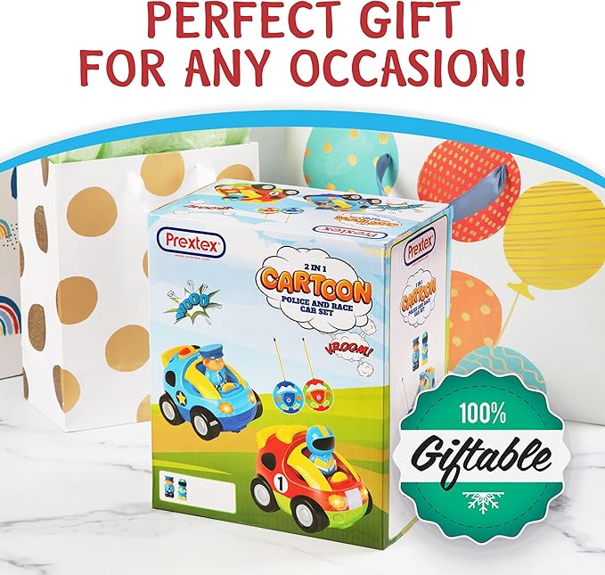 PREXTEX Cartoon Remote Control Car - 2-Pack Police Car and Race Car Toddler Toys - RC Cars for Kids with Different Frequencies - Easy Remote Control Toy and Thoughtful Gifts for Boys and Girls