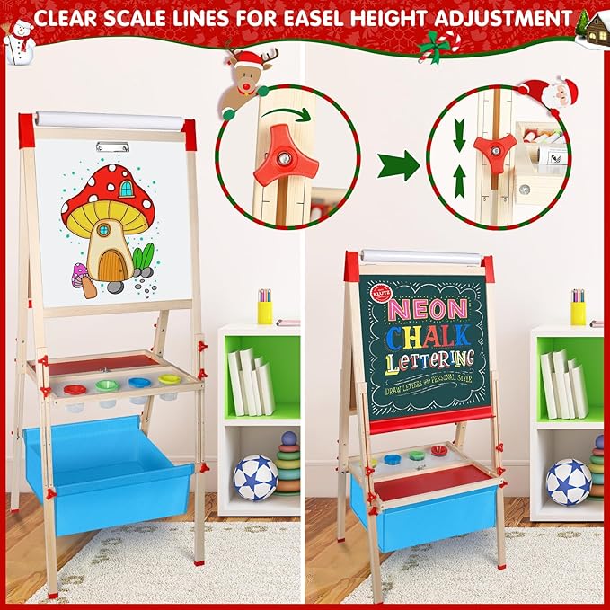 Easel for Kids Foldable Art Easels for Toddlers-Adjustable Standing Wooden Drawing Easel with Paper Roll-Magnetic Double Sided Whiteboard & Chalk board-130+pcs Accessories Easel for Kids 2-4 4-8 9-12