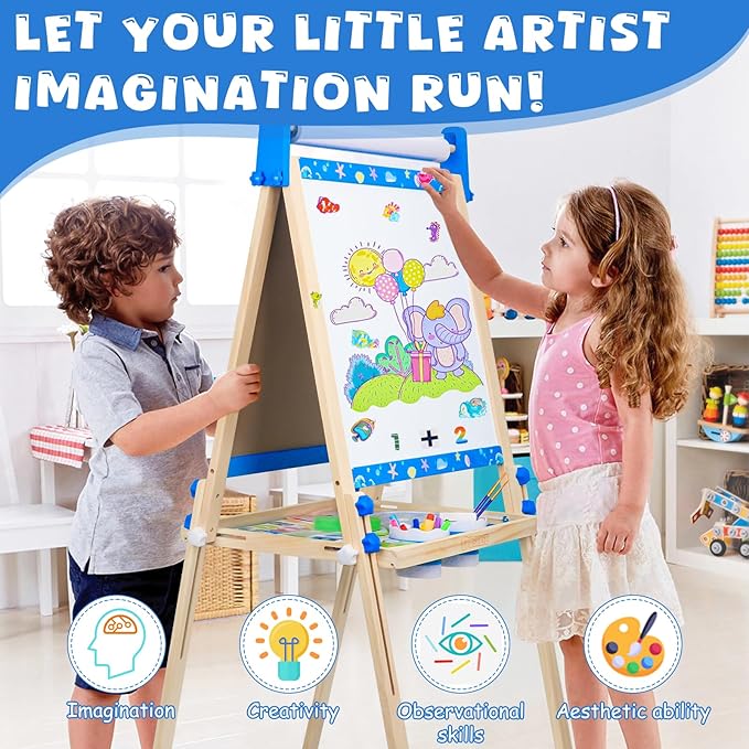 Easel for Kids,Adjustable Wooden Toddler Art Easels, Boys Toys for Ages 5-7,Magnetic White Board and Chalk Board with Art Supplies, 3 4 5 6 7 8 9 10 Year Old Boys Birthday Gift