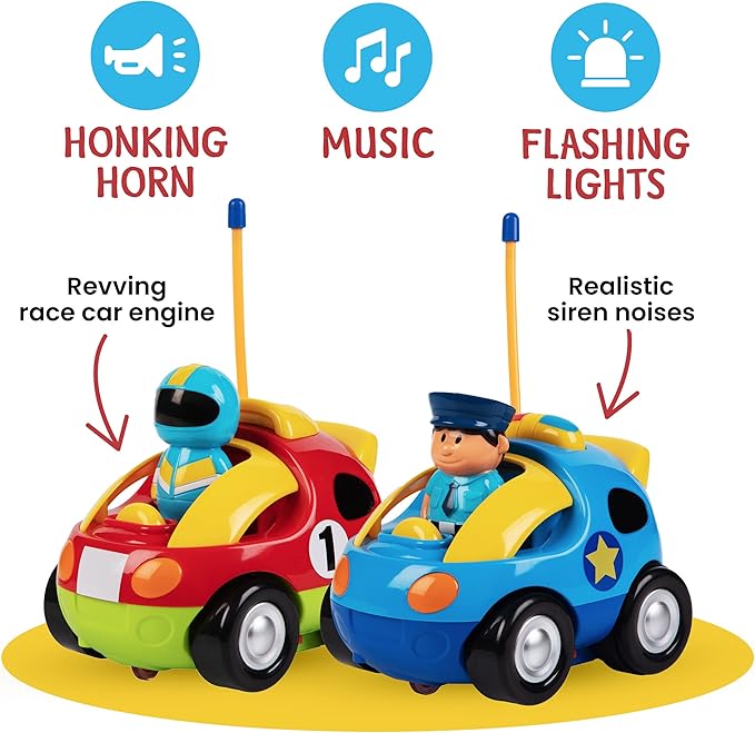 PREXTEX Cartoon Remote Control Car - 2-Pack Police Car and Race Car Toddler Toys - RC Cars for Kids with Different Frequencies - Easy Remote Control Toy and Thoughtful Gifts for Boys and Girls
