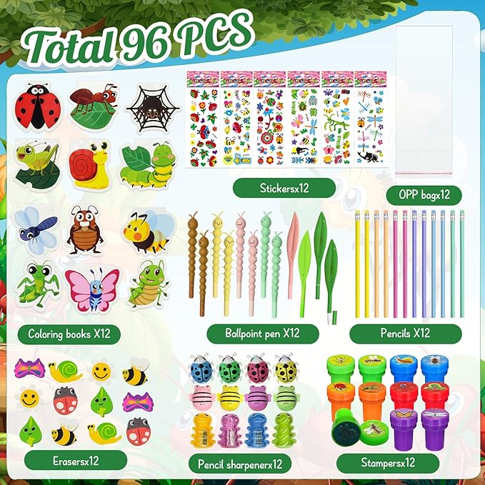 96 Pcs Insect Party Favors,Bug Bee Party Goodie Bags Fillers Bulk,Spring Insects Bug Game Pinata Gift Class Prizes Erasers Pens Pencils Stickers Stamps for School Birthday Spring Summer Party