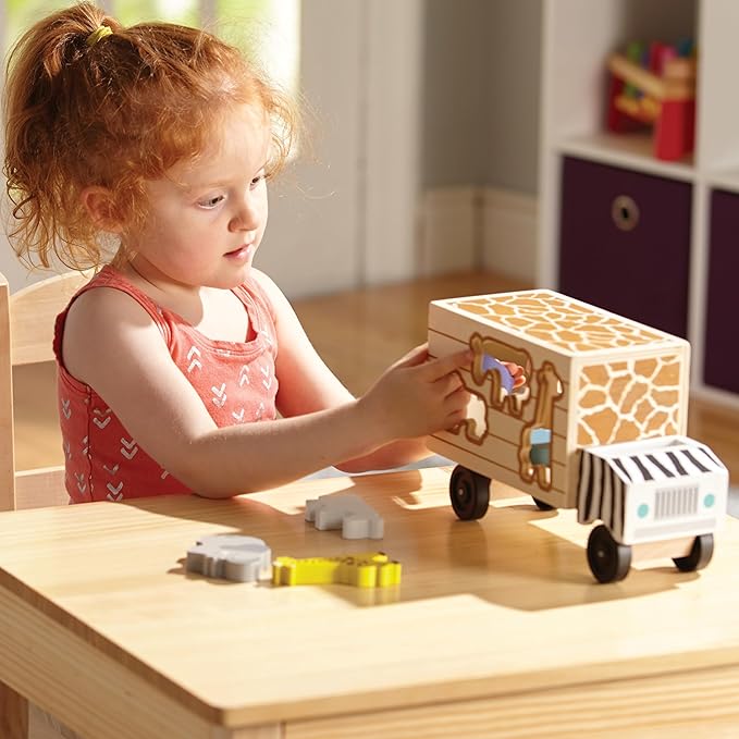 Melissa & Doug Animal Rescue Shape-Sorting Truck - Wooden Toy With 7 Animals and 2 Play Figures -Vehicle Toys For Toddlers