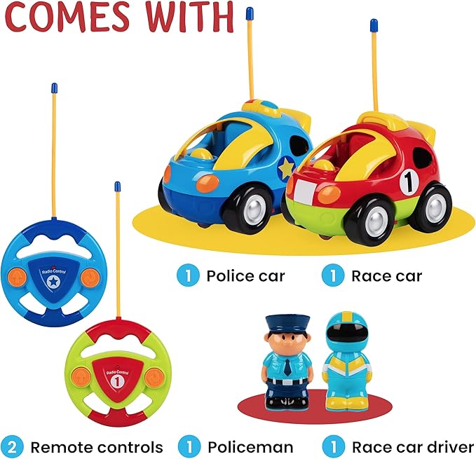 PREXTEX Cartoon Remote Control Car - 2-Pack Police Car and Race Car Toddler Toys - RC Cars for Kids with Different Frequencies - Easy Remote Control Toy and Thoughtful Gifts for Boys and Girls