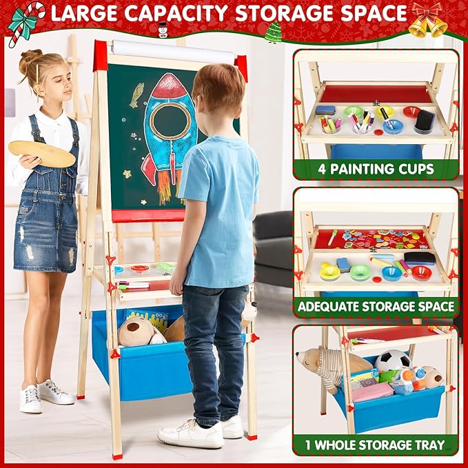 Easel for Kids Foldable Art Easels for Toddlers-Adjustable Standing Wooden Drawing Easel with Paper Roll-Magnetic Double Sided Whiteboard & Chalk board-130+pcs Accessories Easel for Kids 2-4 4-8 9-12