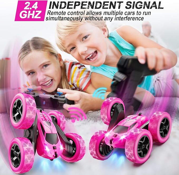 RC Cars, Rose Remote Control Car for Girls, 2.4 GHZ Double Sided RC Stunt Car 360° Rotating Remote Control Crawler with Headlights Car Toys for 6 7 8 9 10 11 12 Girls Birthday