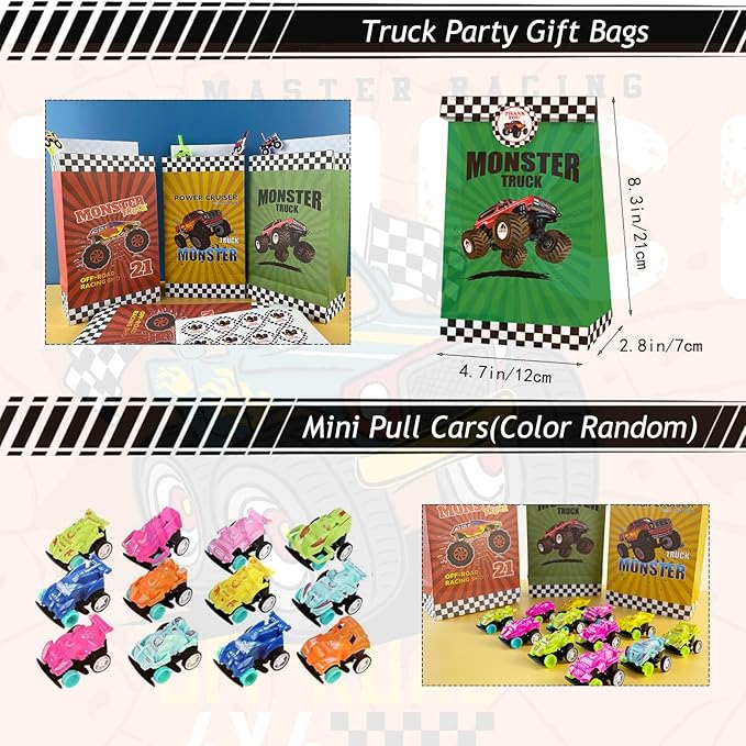 Monster Truck Party Favors Set, monster truck birthday decorations including 7 Types 84 Pcs Drinking Straws Gift Bags Mini Pull Cars Keychains DIY Stickers Temporary Tattoos Slap Bracelet