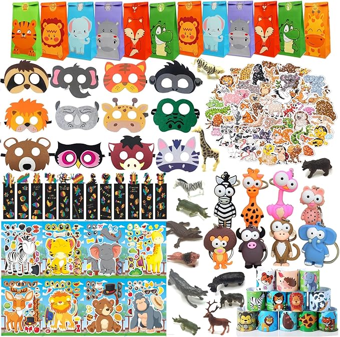 158 pcs Safari Party Favors for 12 kids ,Jungle Safari Birthday Party Supplies, Wild Animal Goodie Bags ,Safari Birthday Decorations Gift Bag Fillers Pinata Stuffers, Wild Animals Themed Party Toys