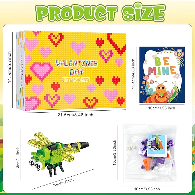 Erweicet Valentines Day Gifts for Kids 24 PCS Insect Building Blocks with Valentines Gift Cards for Kids Boys Girls Classroom Gift Exchange