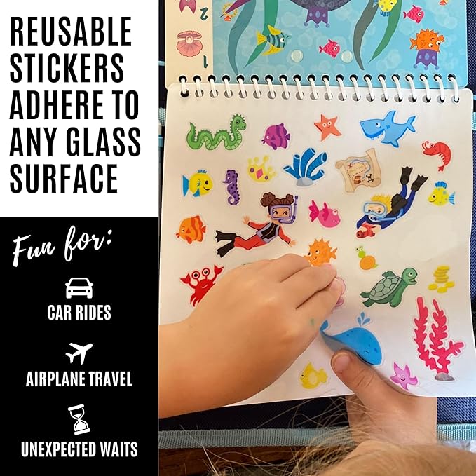 Kids Small Size Travel Educational Activity Book with Washable Markers (7"x7") - Car and Airplane Activities, Learning Toys for Toddlers - Search and Find, Reusable Stickers for Ages 4, 5, 6 (Space)