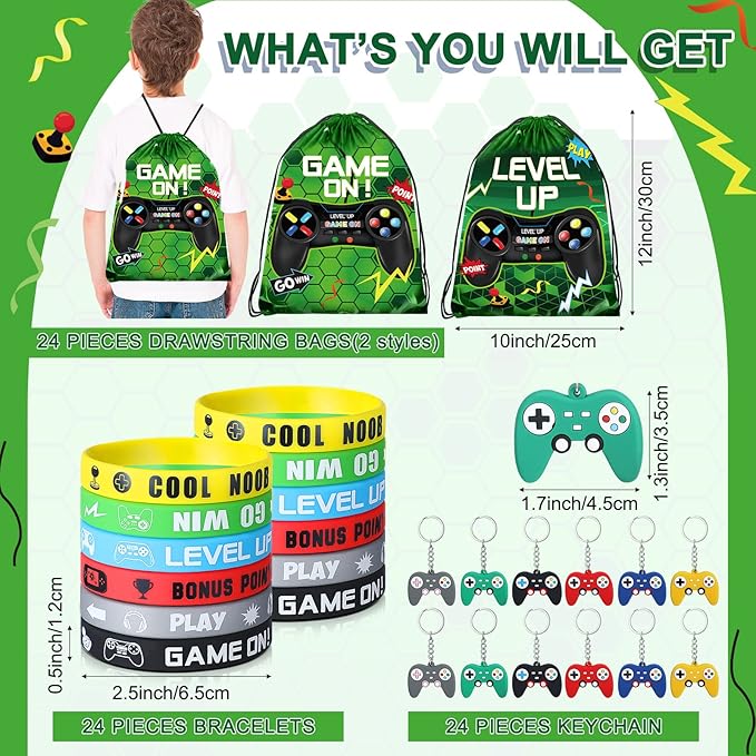 Nosiny 72PCS Video Game Party Favors Birthday Include 24 Video Game Goodie Drawstring Bags 24 Silicone Bracelet 24 Controller Keychain for Kids for Party Supplies (Green, Vivid)