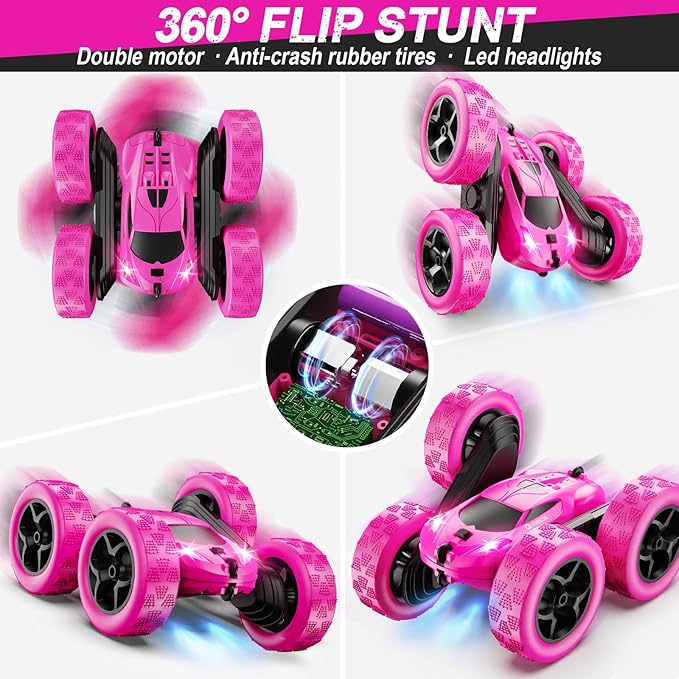 RC Cars, Rose Remote Control Car for Girls, 2.4 GHZ Double Sided RC Stunt Car 360° Rotating Remote Control Crawler with Headlights Car Toys for 6 7 8 9 10 11 12 Girls Birthday
