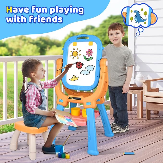 Double-Sided 360°Rotating Kids Easel and Toddler Art Easel, Equipped with A Little Bench and Painting Accessories, Childrens Art Easel for Kids 3-4, Gifts for Toddler (Orange+Blue)