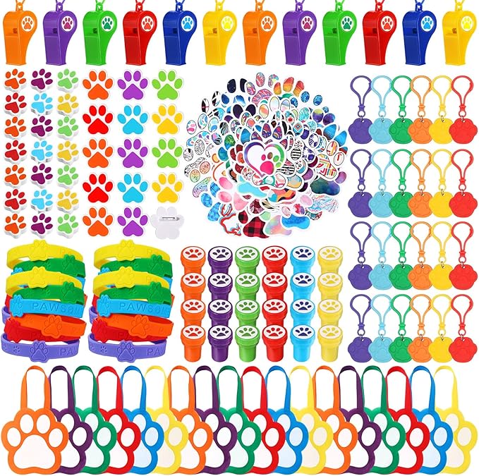 Skylety 266 Pcs Dog Paw Party Favors Supplies Gift Set Non Woven Gift Bags Whistle Stamper Keychain Silicone Bracelet Erasers Sticker Acrylic Brooch Puppy Themed Girl Boy Birthday Goodie Bag Filler