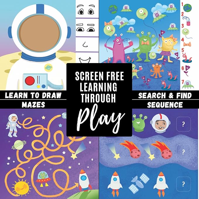 Kids Small Size Travel Educational Activity Book with Washable Markers (7"x7") - Car and Airplane Activities, Learning Toys for Toddlers - Search and Find, Reusable Stickers for Ages 4, 5, 6 (Space)