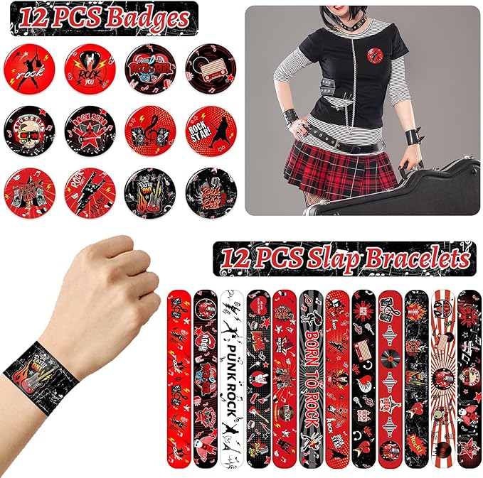 Rock and Roll Party Favors, Rock Star Supplies Decorations Includes 12 Keychain, 12 badge, 12 Bracelet,12Bags, 12 sheet tattoos for 80s 90s Rock Party Favors Goodie Bags Stuffers