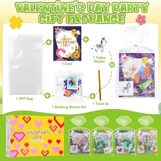 Erweicet Valentines Day Gifts for Kids 24 PCS Insect Building Blocks with Valentines Gift Cards for Kids Boys Girls Classroom Gift Exchange