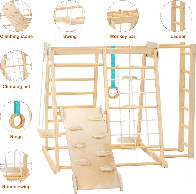 Jungle Gym, Toddler Climbing Toys, Indoor Playground Climbing Toys for Toddlers, Montessori Style Playground Sets for Backyards with Slide, Climbing Wall, Rope Wall Climber, Monkey Bars, Swing
