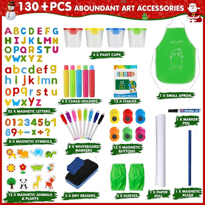 Easel for Kids Foldable Art Easels for Toddlers-Adjustable Standing Wooden Drawing Easel with Paper Roll-Magnetic Double Sided Whiteboard & Chalk board-130+pcs Accessories Easel for Kids 2-4 4-8 9-12