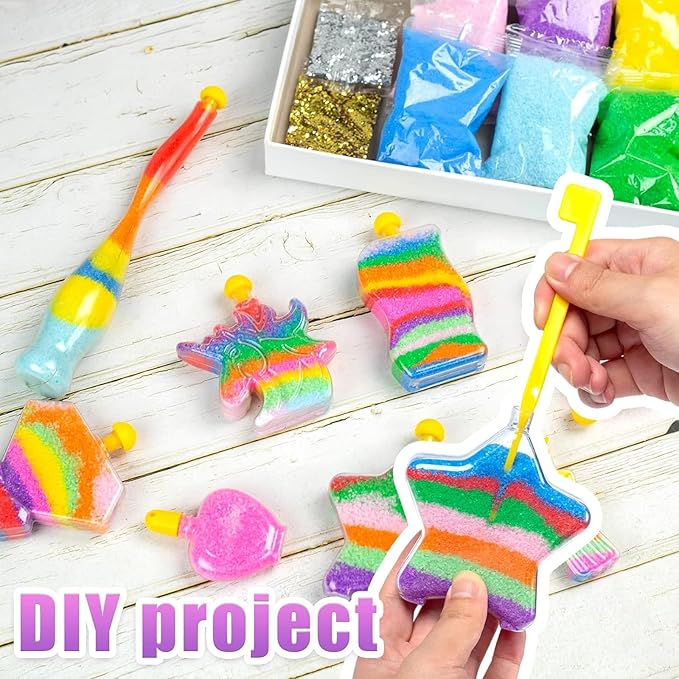 Shindel 36PCS Sand Art and Crafts for Kids, Arts and Crafts Activity Kit, 8 Shapes of Bottles, 10 Colored Sand Bags and 2 Glitter Sand, Great Staycation or Group Activity, Sandbox Toys