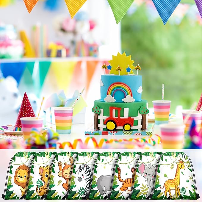 Talltalk 48 Pcs Jungle Safari Party Favors with 16 Wild Animals Drawstring Bags Goodie Bags Candy Treat Bag 16 Animals Wristband Bracelet 16 Animals Keychain for Zoo Birthday Baby Shower Party