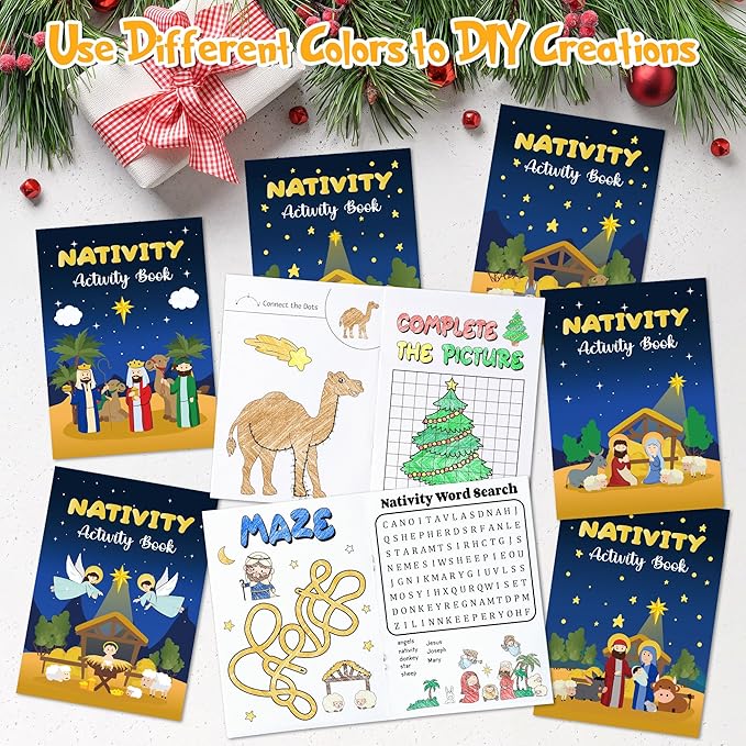 Nativity Activity Books for Kids - 24Pcs Christmas Mini Games Coloring Book Set Bulk Mazes Word Search Word Scramble Games for Xmas Holiday Party Goodie Bags Stuffers Sunday School Classroom Favors